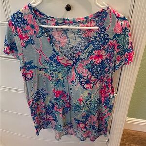 Floral V-Neck Women’s Top - Pink & Blue